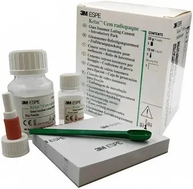 3M Ketac Cem dental cement kit including bottles, powder, and mixing tools for dental use