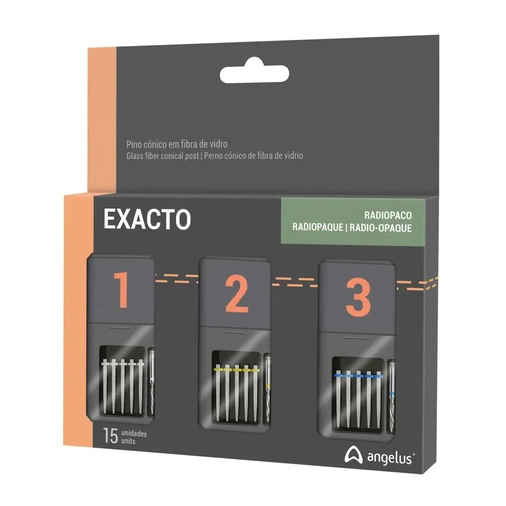 Angelus Exacto Fiber Post set with three sizes of radiopaque glass fiber conical posts in labeled packaging