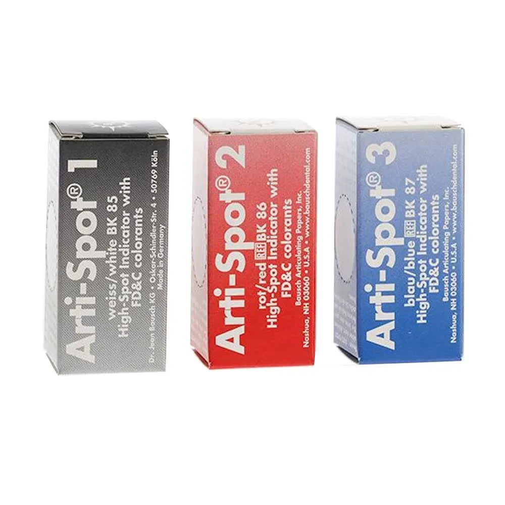 Three boxes of Bausch - Arti Spot 15ml dental articulating film in black red and blue for bite registration