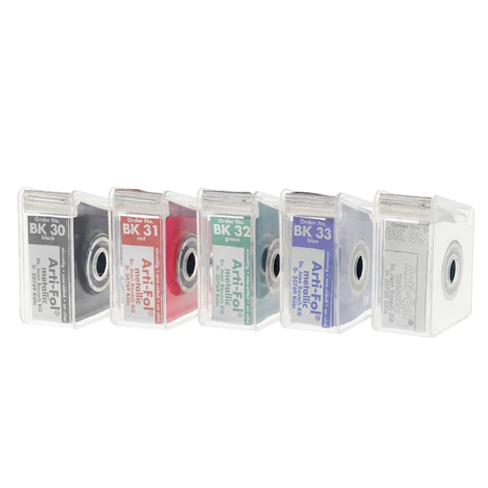 Bausch Dental Arti Fol Metallic Shimstock Flim 12µ Microns metal foil reels in clear dispensers assorted colors