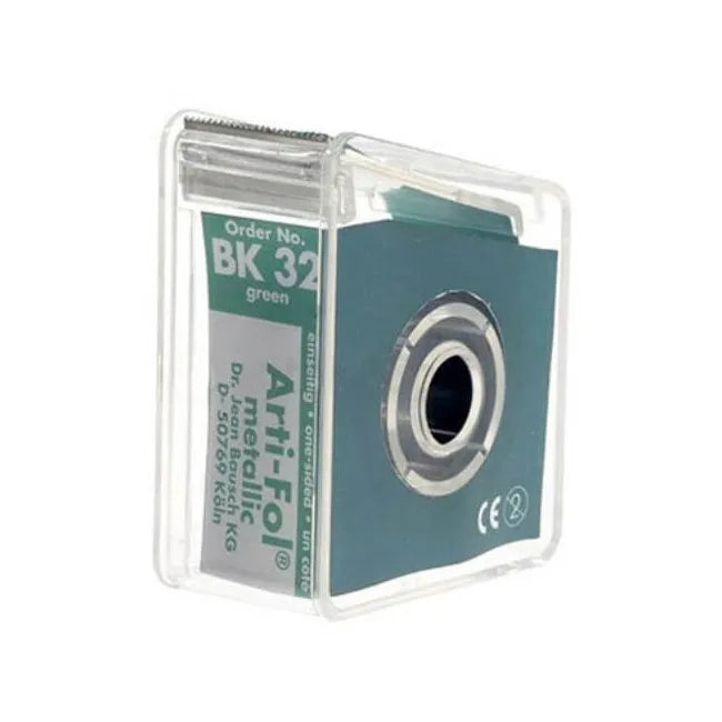 Bausch Dental Arti Fol Metallic Shimstock Flim 12µ Microns. green metallic shimstock roll in clear dispenser box