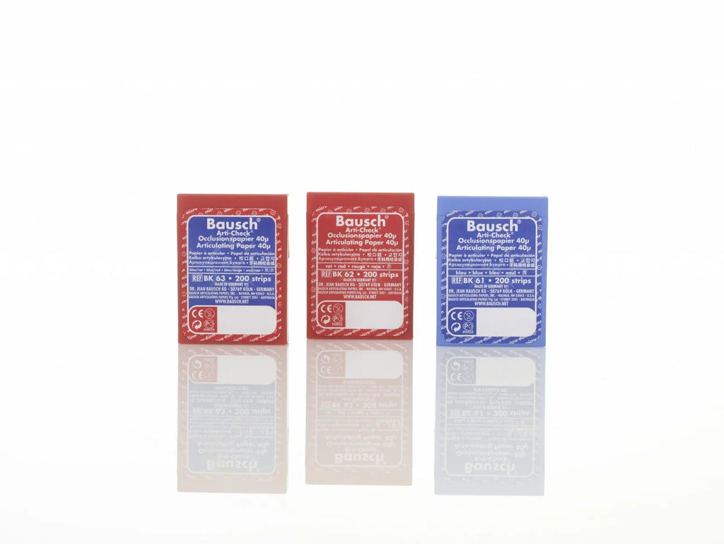 Bausch Dental Articulating Silk with Progressive Color Transfer 80µ Microns in red and blue packaging from Beetle Dental