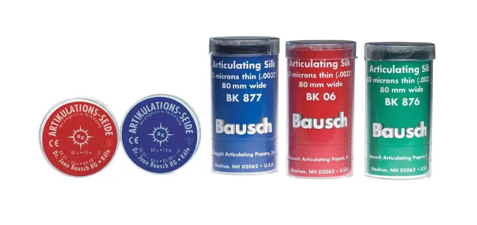 Bausch Dental Articulating Silk with Progressive Color Transfer 80µ Microns in red blue and green rolls