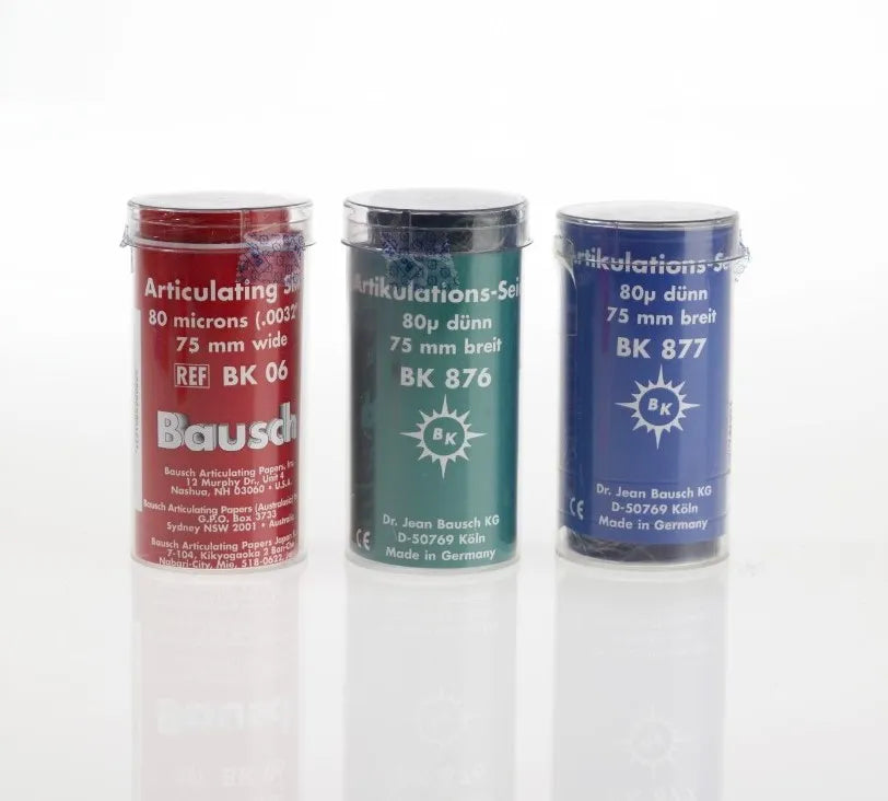 Bausch Dental Articulating Silk with Progressive Color Transfer 80µ Microns in red green and blue containers