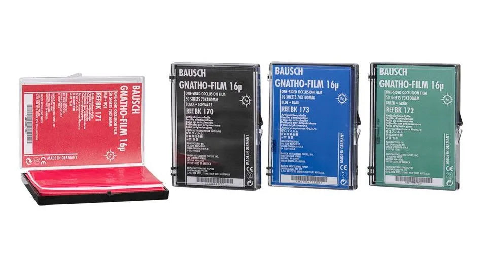 Bausch Gnatho-Film - Soft Occlusal Film 16µ Microns in red black blue and green packaging for dental use