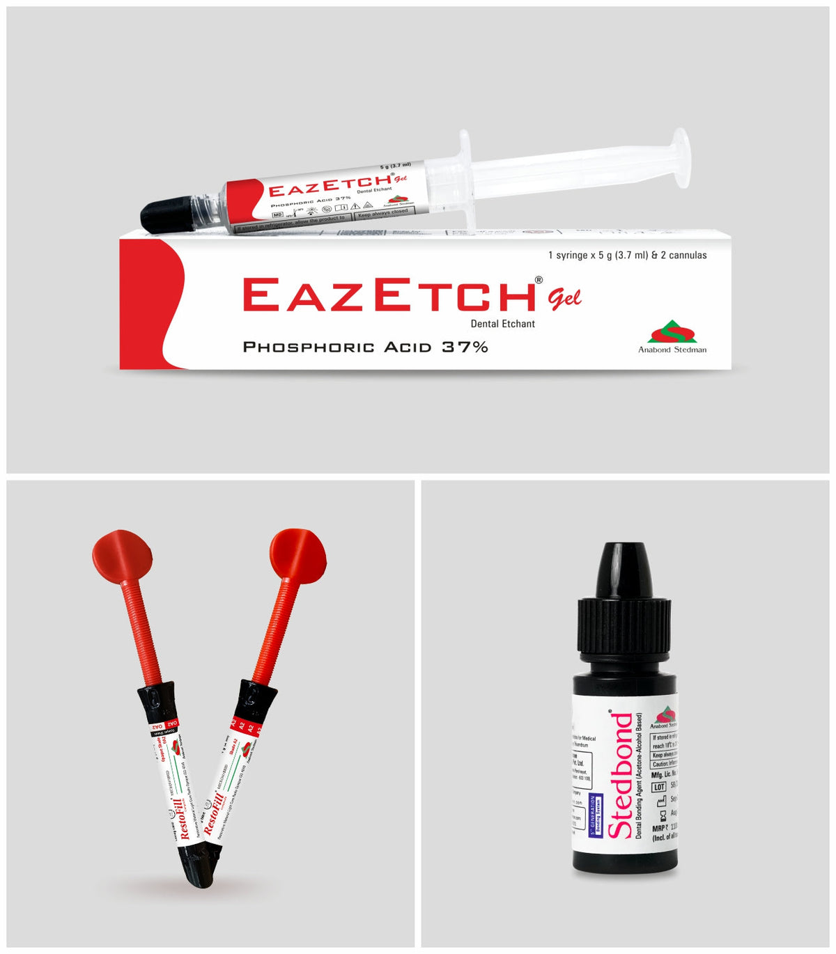 Beetle Dental Restofill Mega Kit with EazEtch Gel syringe, red applicator tips, and Stedbond adhesive bottle for dental use