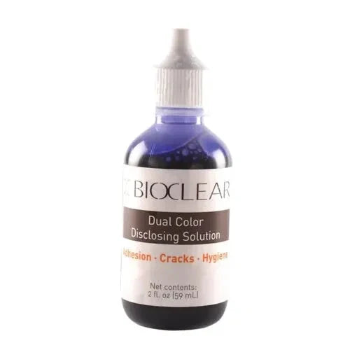 Bioclear disclosing liquid in a 2 oz bottle for dental hygiene and crack detection