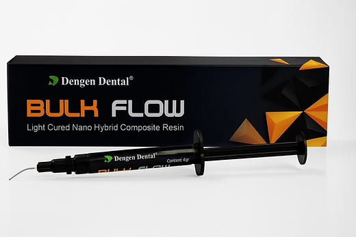 Dengen Bulk Flow dental composite syringe and black box by Beetle Dental for light cured restorations