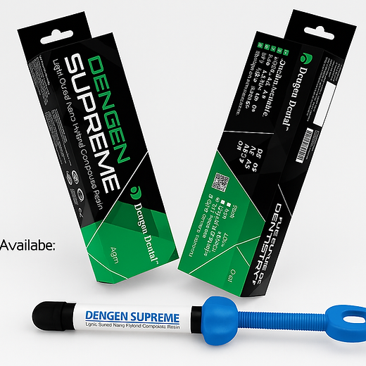 Dengen Supreme composite syringe with blue plunger beside black and green Dengen Dental packaging boxes