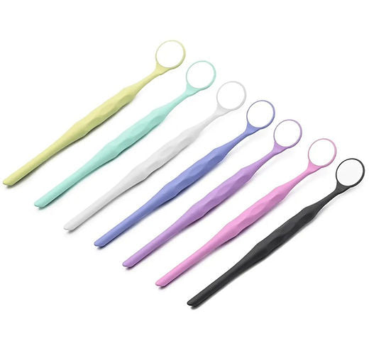 Beetle Dental set of eight colorful ergonomic dental mouth mirror instruments with long textured handles for exams