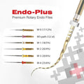 Woodpecker Endo Plus rotary files set showing six gold handled endodontic rotary files with size markings and spiral design