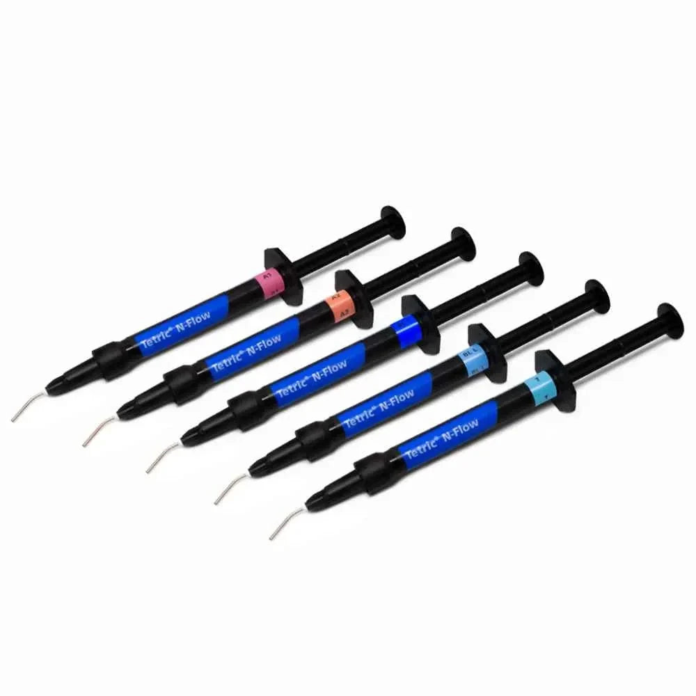 Set of Tetric N Flow dental composite syringes in multiple colors for restorative dentistry