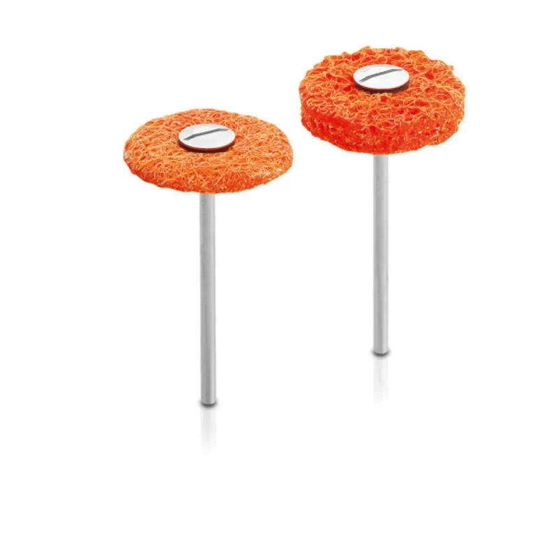 Scheu Dimo Pro dental polishing wheels. Orange abrasive discs on metal mandrels for dental restoration polishing