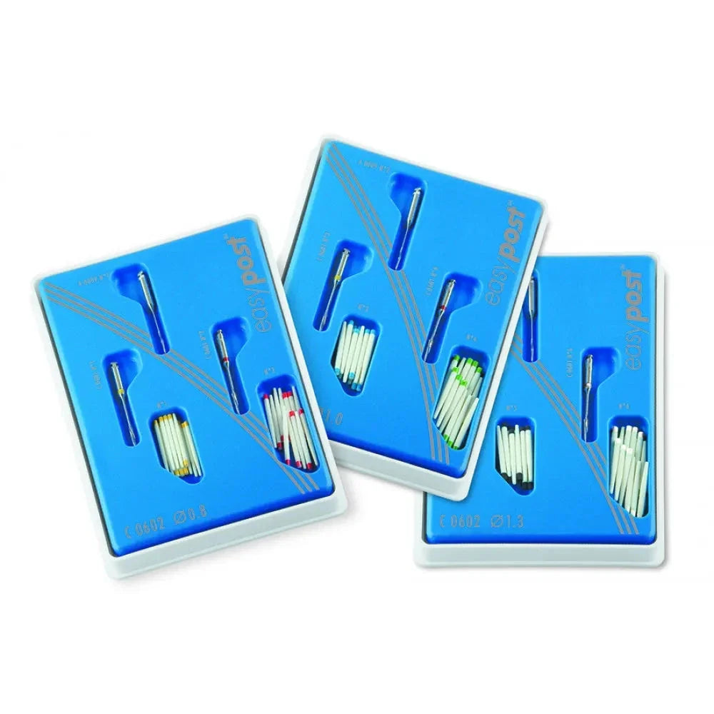 Dentsply EasyPost dental set featuring three color-coded trays for precise dental applications