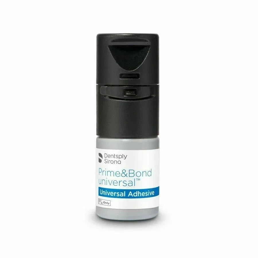 Dentsply Prime and Bond Universal adhesive in a sleek bottle for dental bonding applications