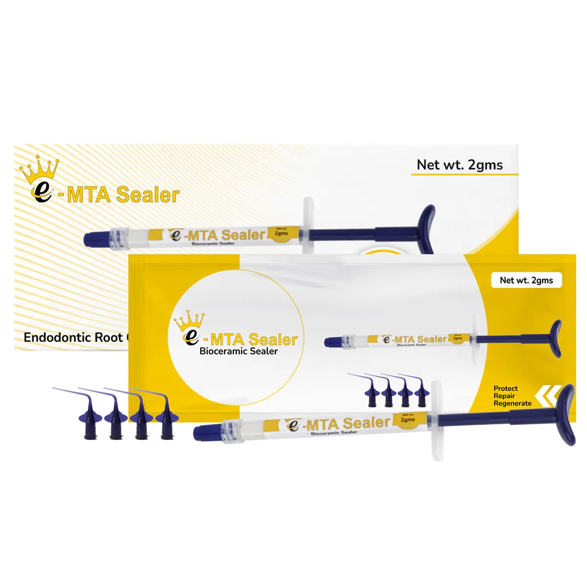 Kids e-Dental MTA sealer for root canal. Syringe kit with 2g bioceramic sealer and blue application tips