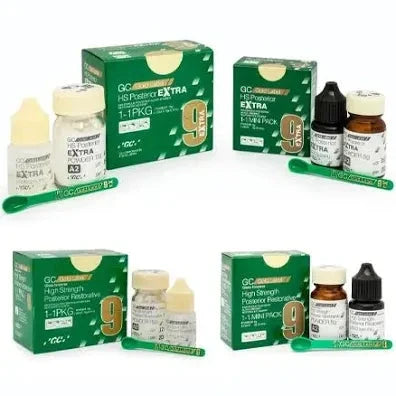GC 9 Gold Label dental cement kit with various components for dental restorations