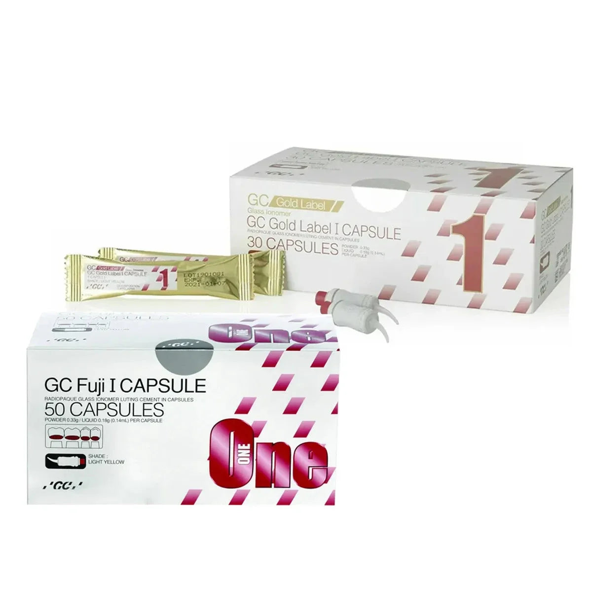 GC Fuji 1 dental capsules in boxes showcasing 50 and 30 capsules for dental restorations