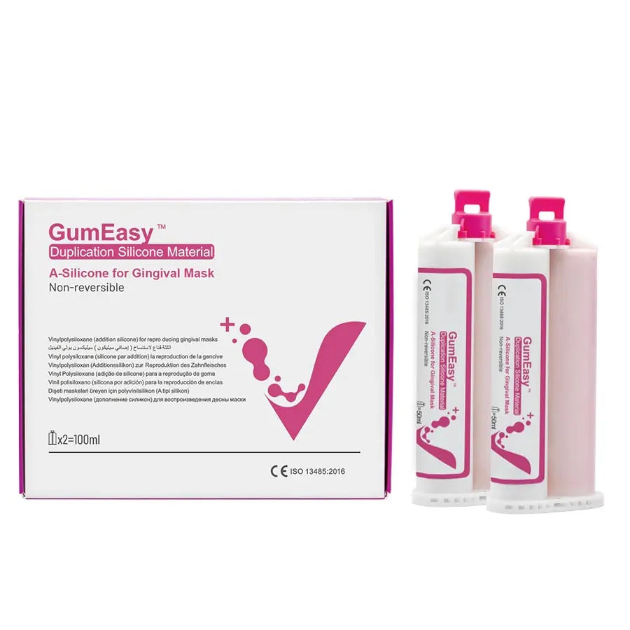 Beetle Dental GumEasy box and two pink cartridges of A-silicone gingival mask for dental impression duplication