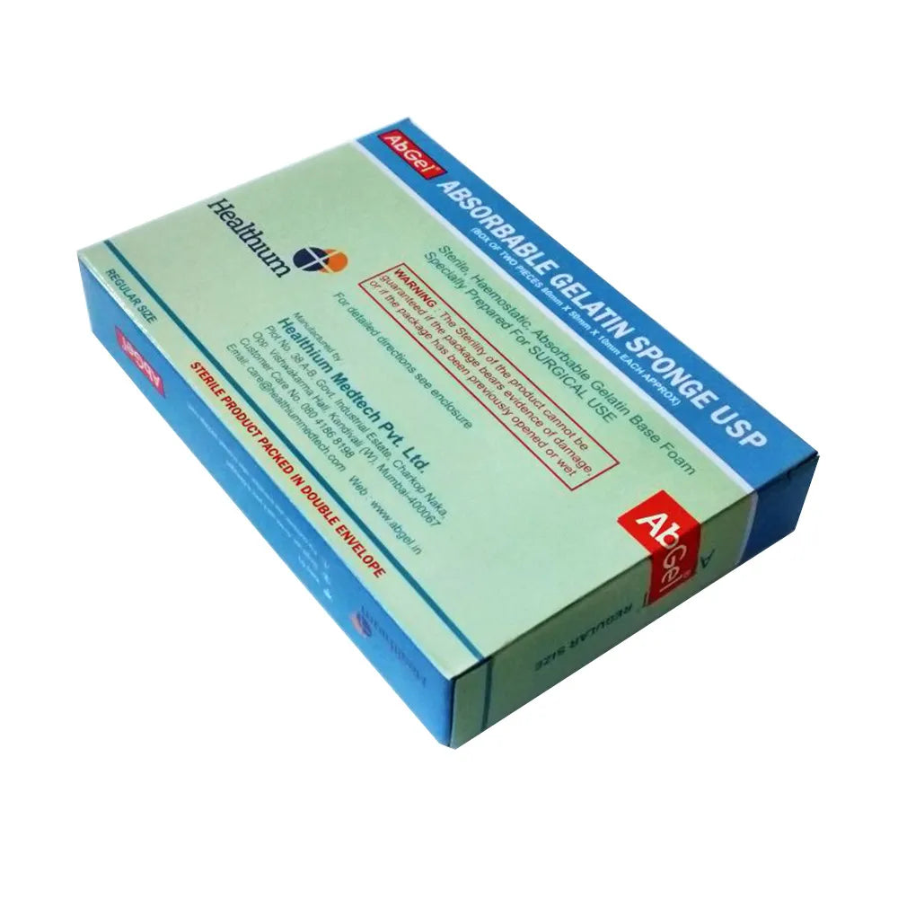 Sterile box of Healthium Abgel Sponge USP for surgery. Absorbable gelatin surgical sponge pack