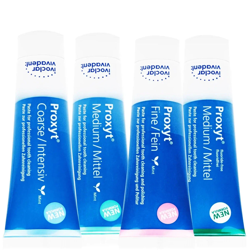 Ivoclar Proxyt polishing paste tubes in coarse, medium, and fine textures for dental professionals