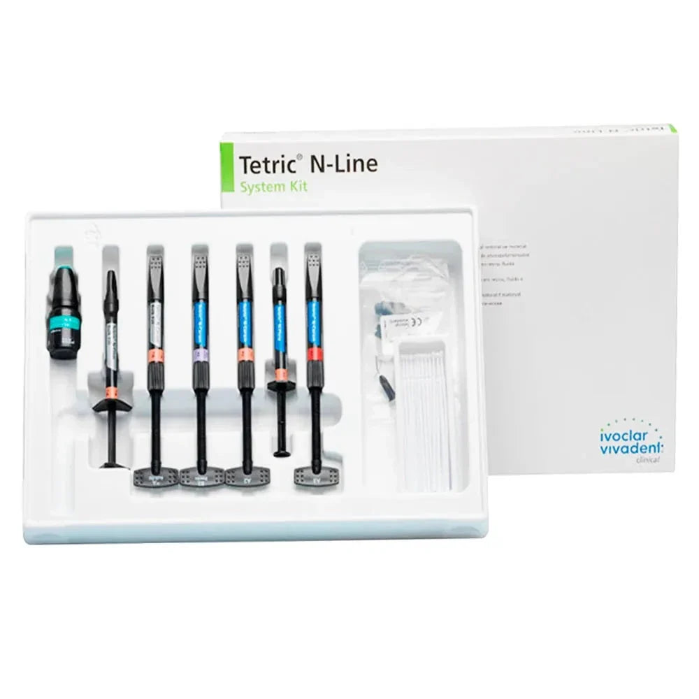 Tetric N Ceram composite kit featuring multiple syringes for dental applications and a comprehensive tool set