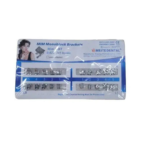 Beetle Dental MIM Monoblock paper bracket orthodontic supplies with mini BT hooks in organized packaging