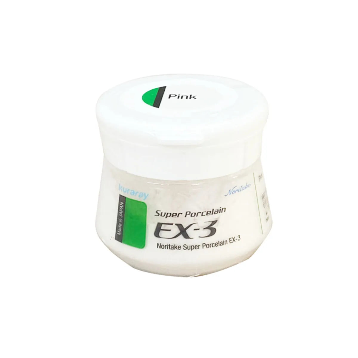 Noritake Super Porcelain EX-3 Modifier Pink dental porcelain jar for ceramic restorations shown with white lid