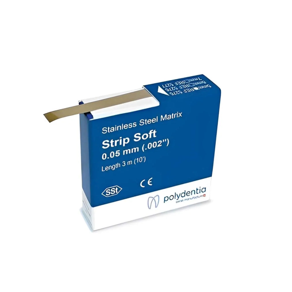 Blue and white box of stainless steel dental matrix strips Strip Soft 0.05 mm roll with thin metal strip