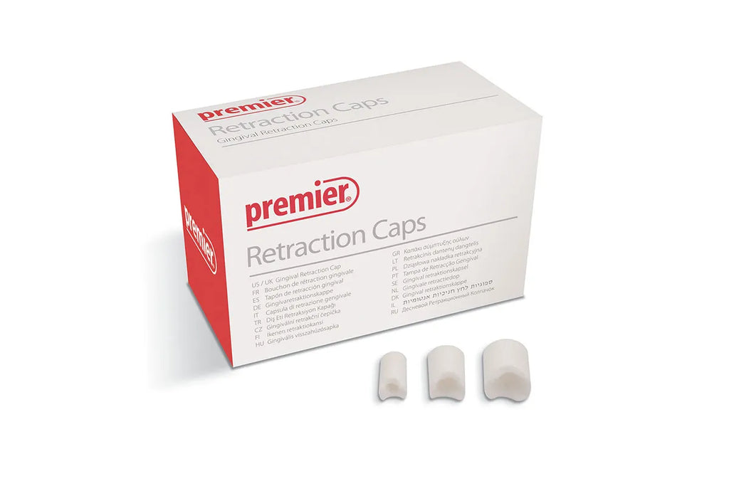 Beetle Dental box of premier dental retraction caps with three white silicone caps shown