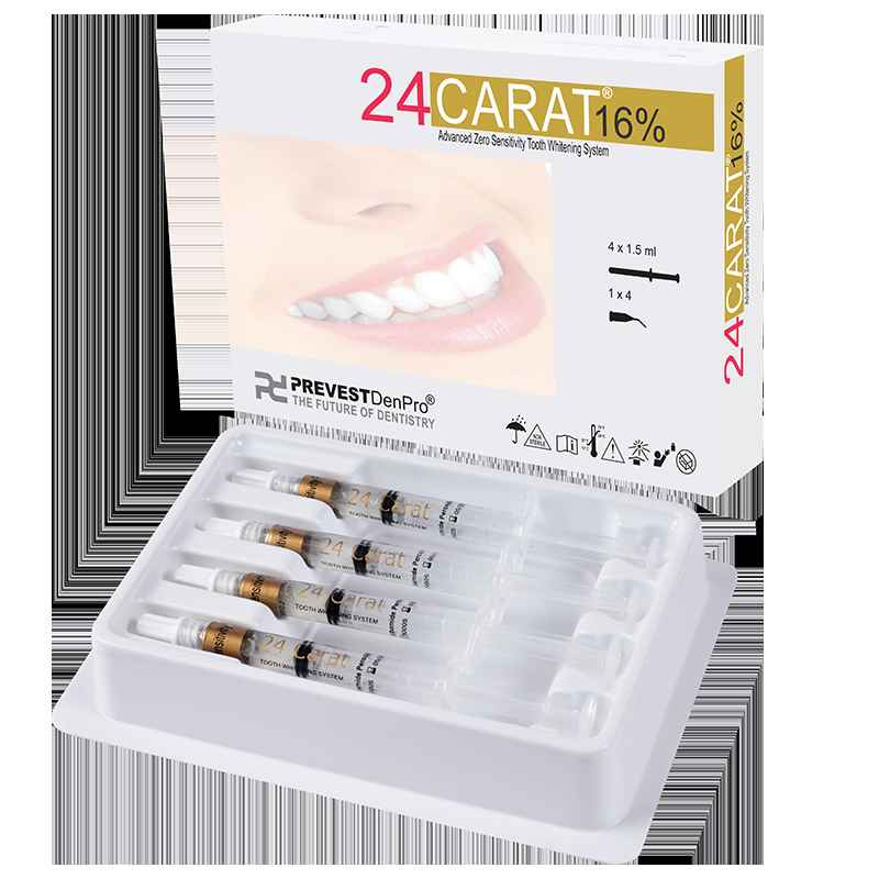 Prevest 24 Carat whitening kit with 16 percent whitening gel in four syringe applicators and packaging