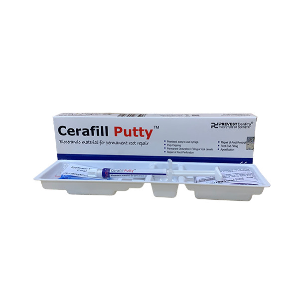 Prevest Cerafill Putty for dental repair bioceramic material with syringe and instructions in tray