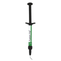 Prevest Fusion Flow dental composite syringe with curved dispensing tip for dental restorations