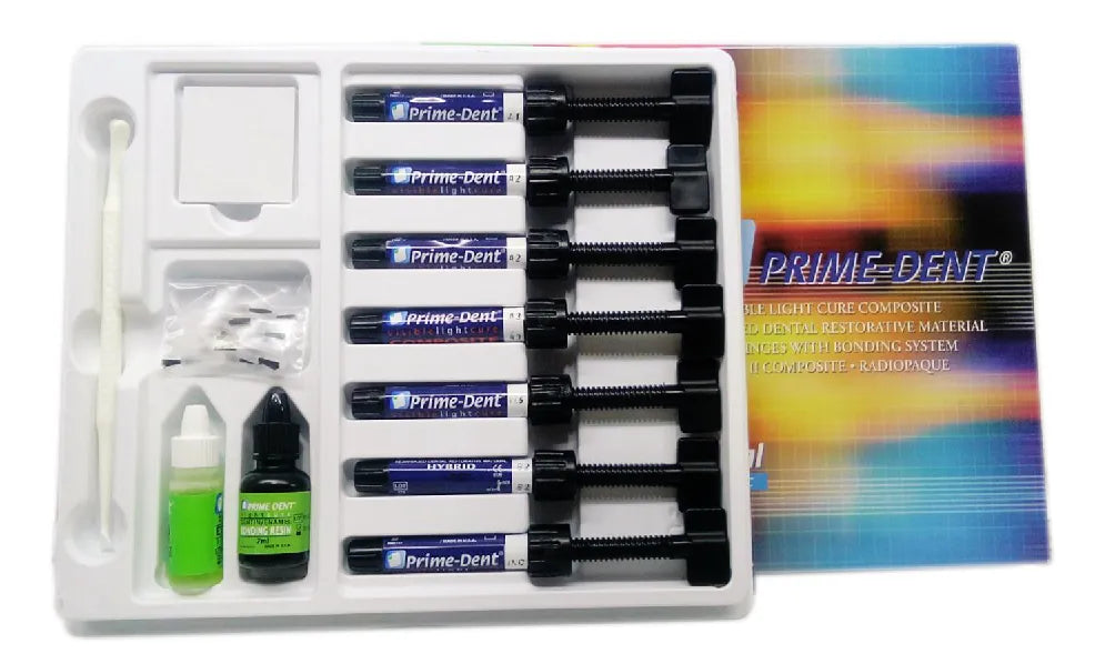 Beetle Dental Prime Dent composite kit with eight syringes bonding agent applicator tips and shade guide