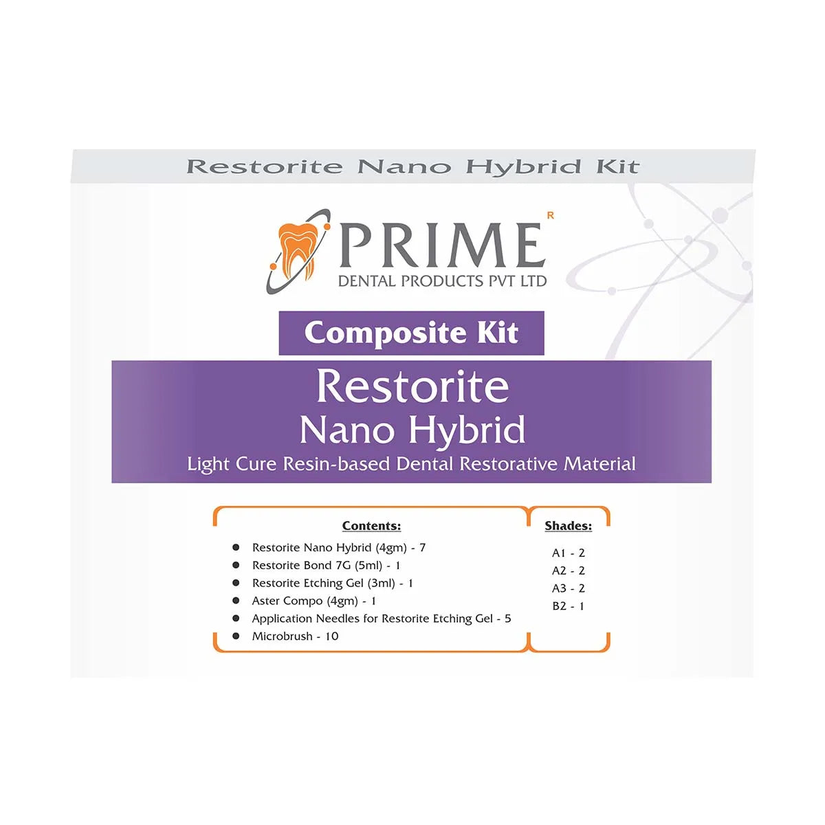 Beetle Dental Prime Dental Restorite Nano Hybrid Kit white and purple composite kit box with branding