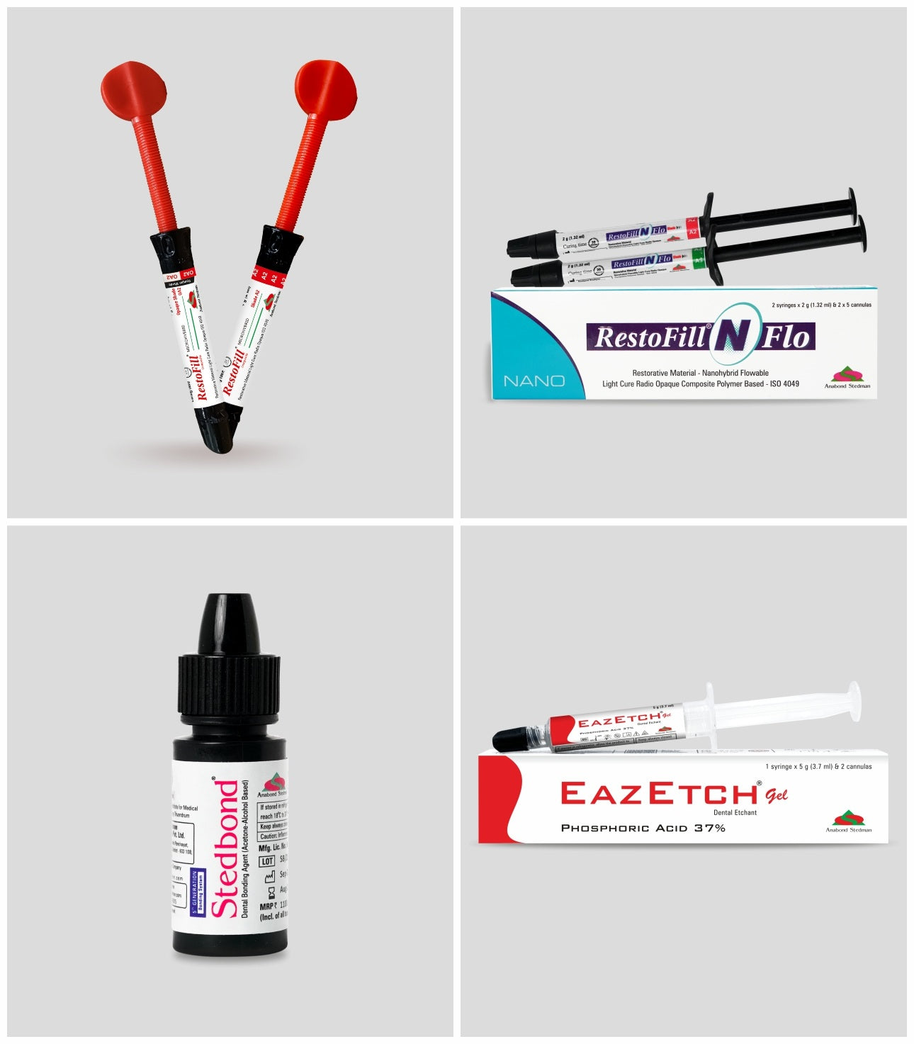 Restofill Mega Kit dental supplies including syringes, bonding agent, and etching gel for dental procedures