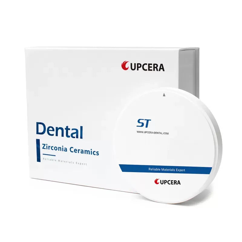 Upcera dental zirconia blanks in a packaging box for creating durable dental restorations