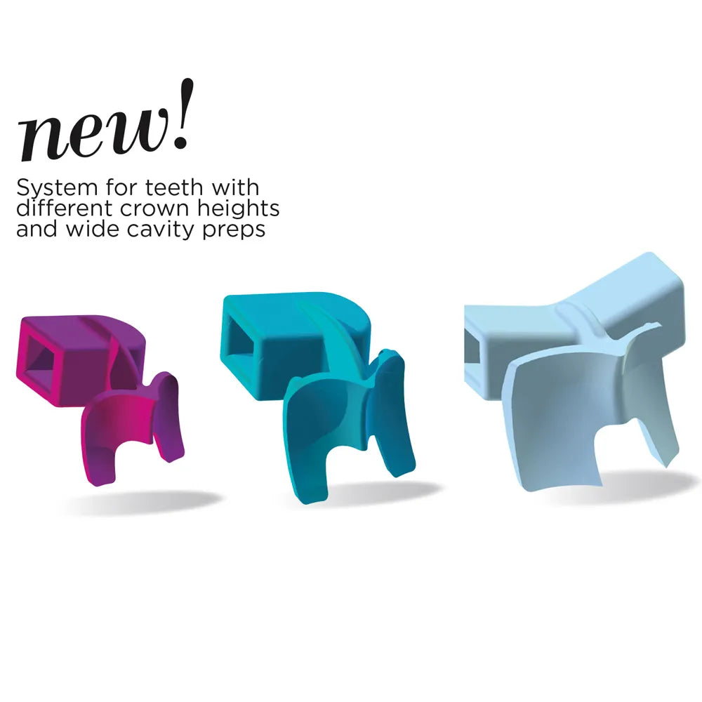 Polydentia MyQuickmat Forte sectional matrix system kit showing three colored sectional matrix wedges for dental restorations