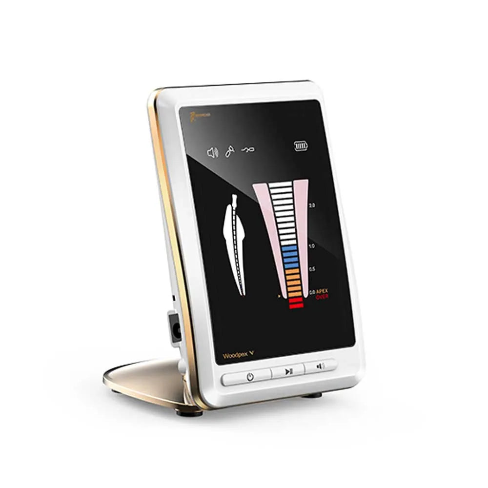 Woodpecker Apex Locator Woodpex Five dental apex locator on gold stand with color display showing root canal measurement