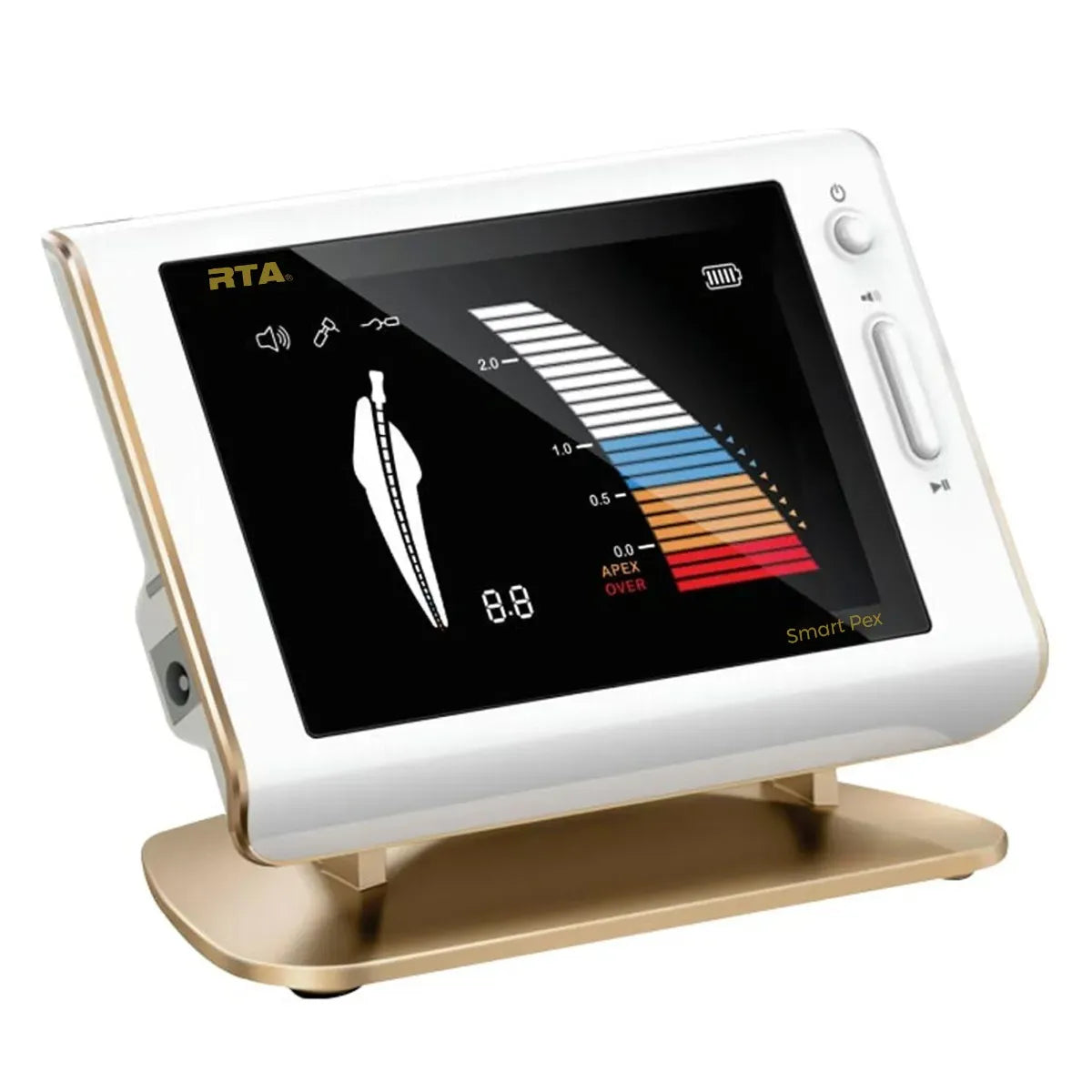 Beetle Dental apex locator endomotor combo with color display on white and gold stand for precise root canal measurement