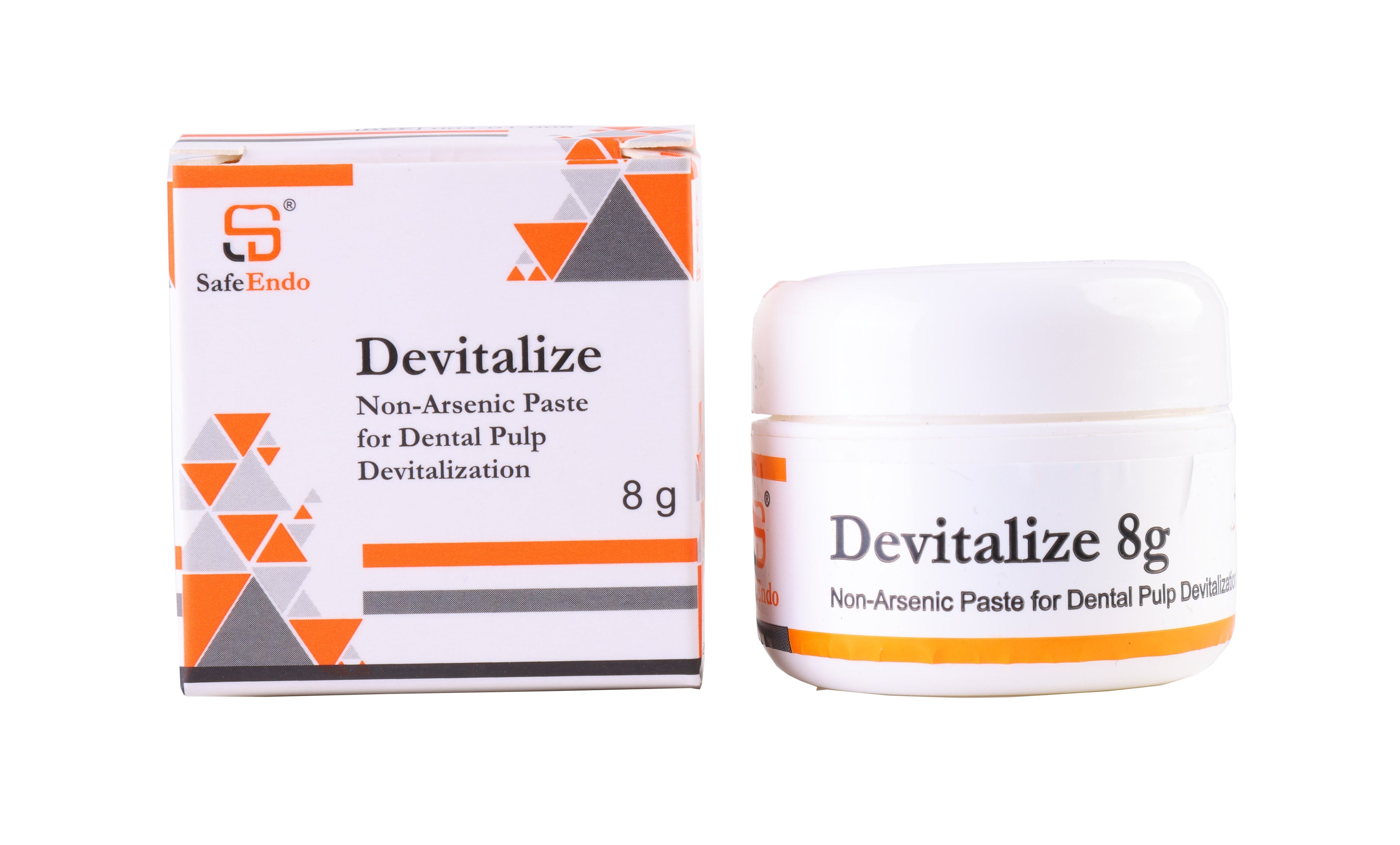 Safe Endo Devitalize pulp treatment non-arsenic dental paste 8g by Beetle Dental in white container and box