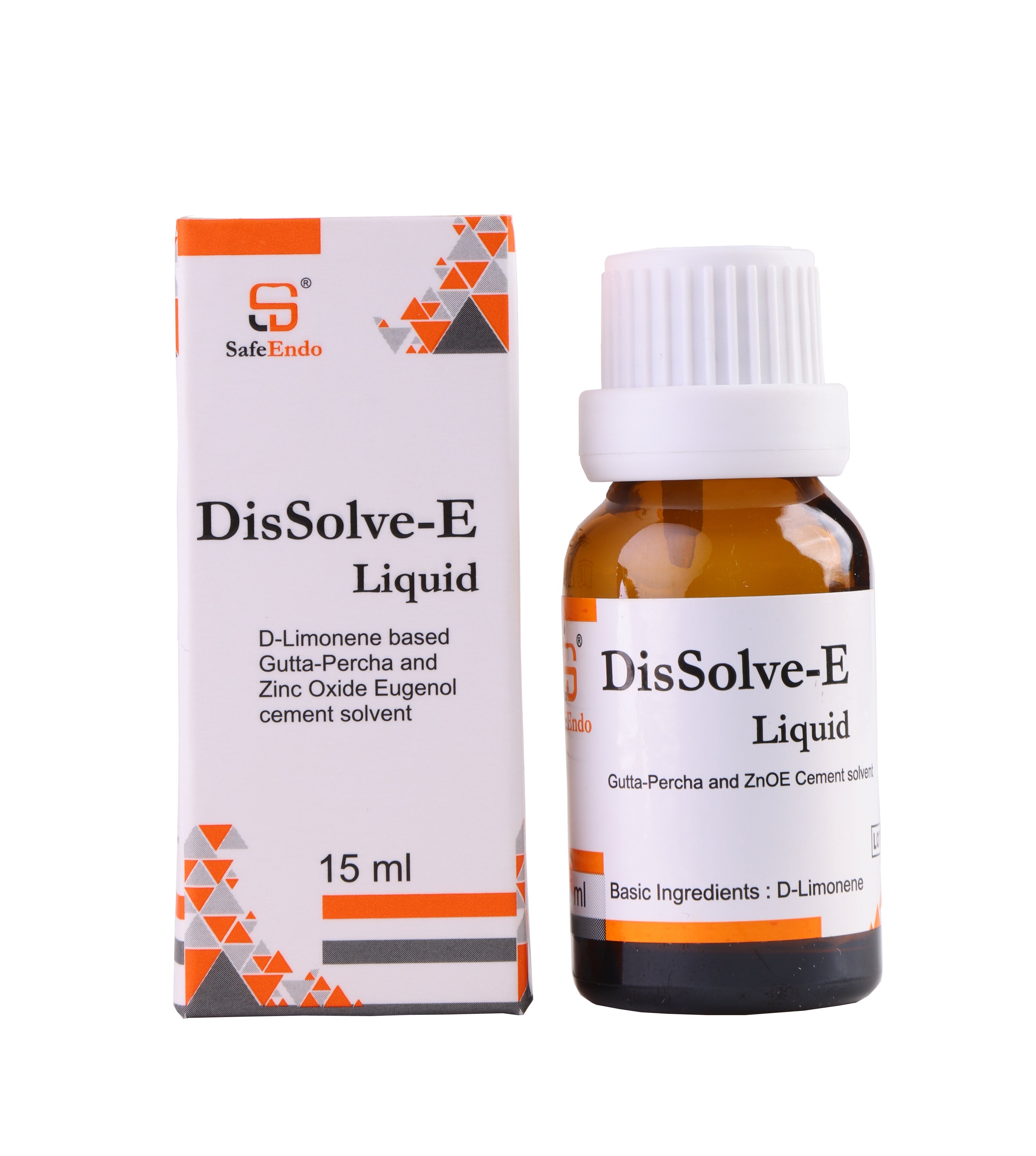 Safe Endo Dissolve-E Liquid 15ml D-Limonene based gutta-percha and zinc oxide cement solvent bottle with box