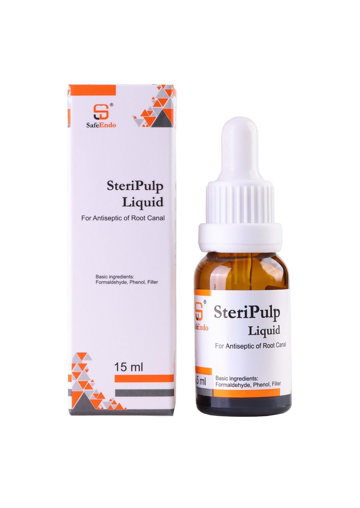 Safe Endo SteriPulp Liquid antiseptic root canal treatment 15 ml bottle and box by Beetle Dental