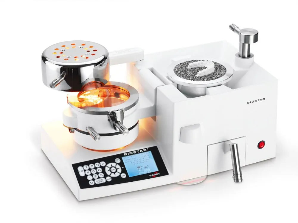 Scheu Biostar dental pressure forming machine with dual heating chambers digital control panel white housing