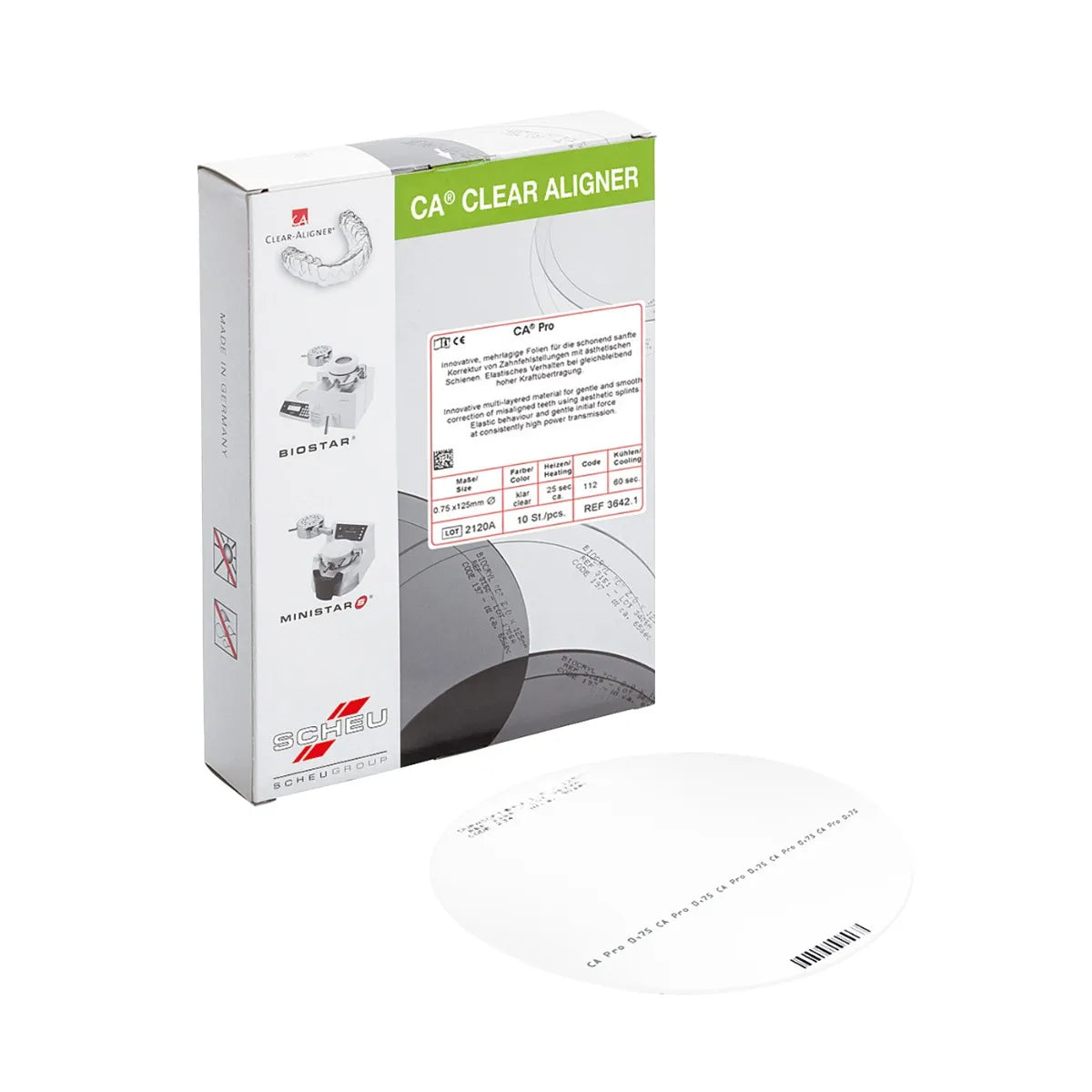 Beetle Dental Scheu CA Pro dental aligner sheets clear vacuum forming round sheet with product box