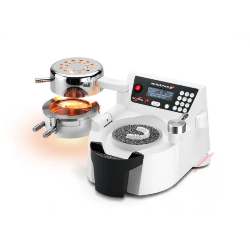 Scheu Ministar S dental thermoforming unit in white with digital control panel heating chamber and dental tray
