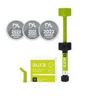 SDI Aura Bulkfil Composite dental restoration kit with syringe and award badges from Beetle Dental