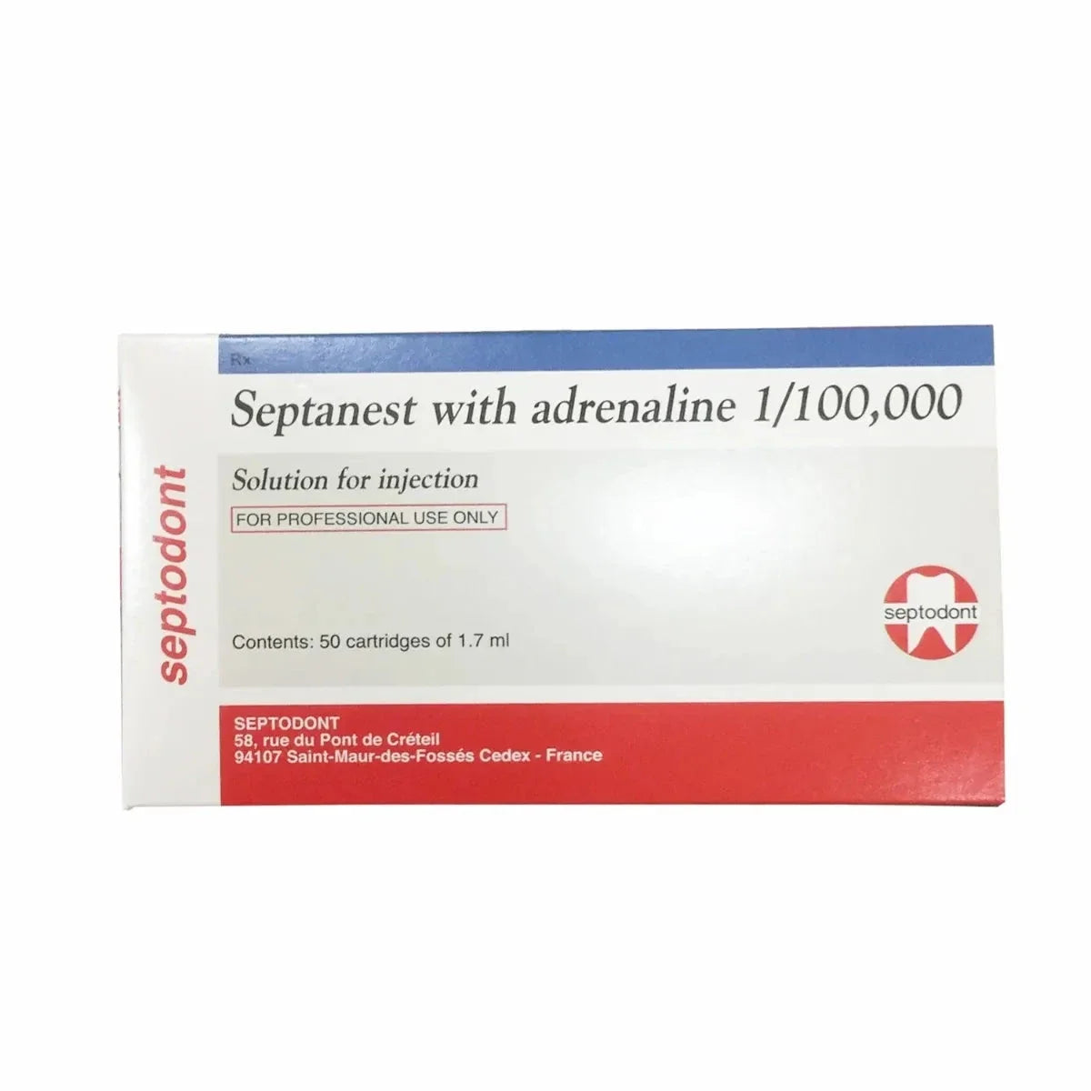 Septodont Septanest dental anesthesia with adrenaline in a box of 50 cartridges for dental professionals