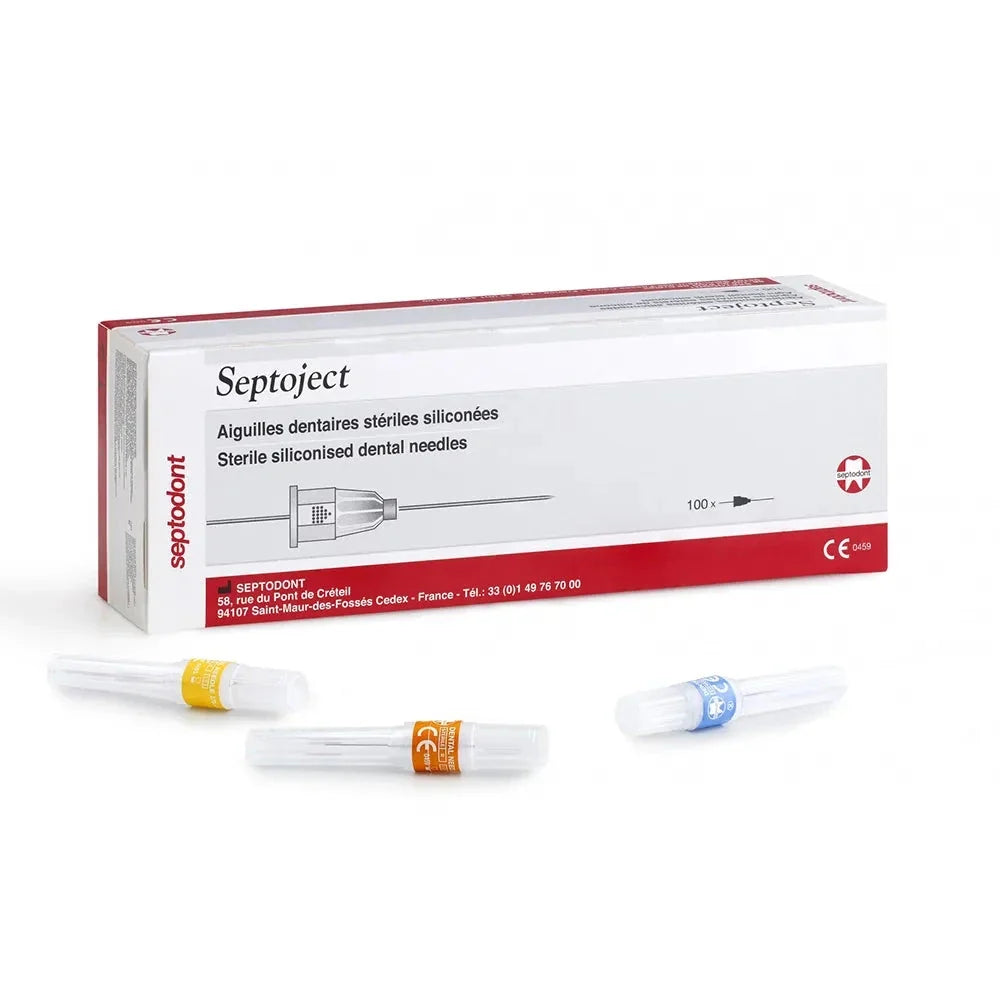 Septoject dental needles in a sterile box with different color-coded designs for dental procedures