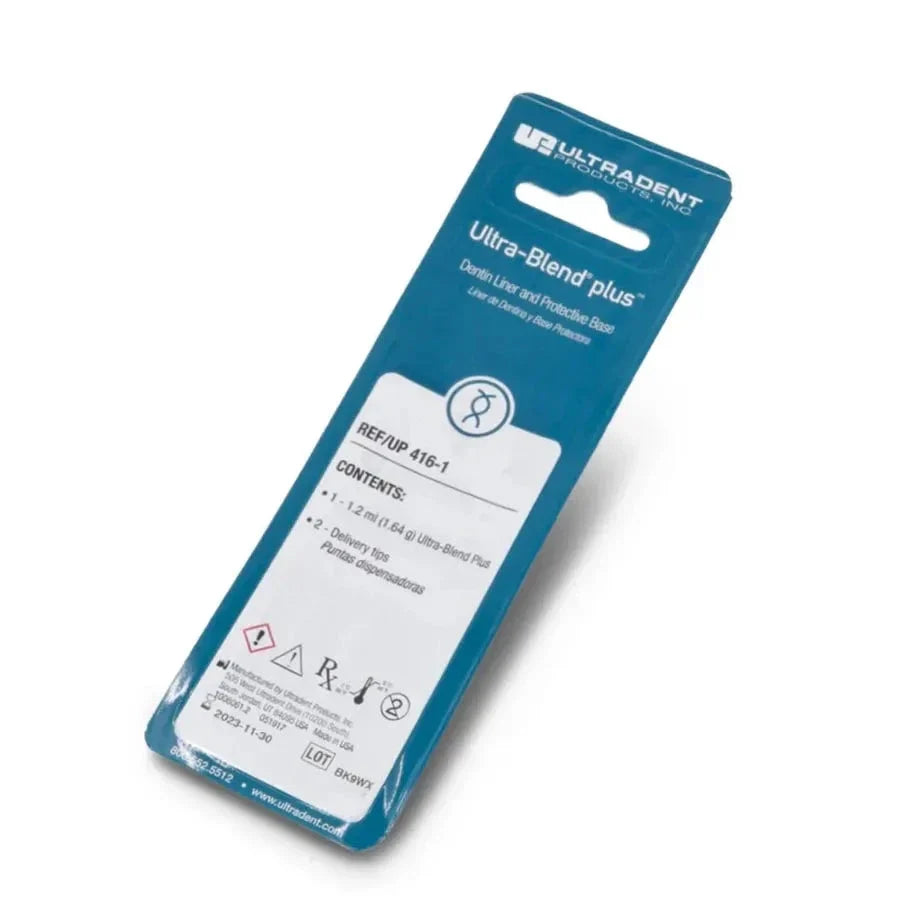 Ultra-Blend Plus Dental Material from Ultradent products for dental professionals, in a blue packaging